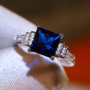 925 Sterling Silver Square Cut Royal Blue CZ  Ring
